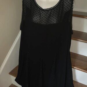1X Black Sleeveless A-Line Dress Sheer Accents, Swiss Dot, Lined -Pre-Loved